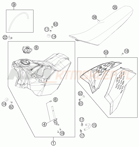 Schemat "zbiornik paliwa, siedzenie, pokrowiec" do KTM 250 EXC-F