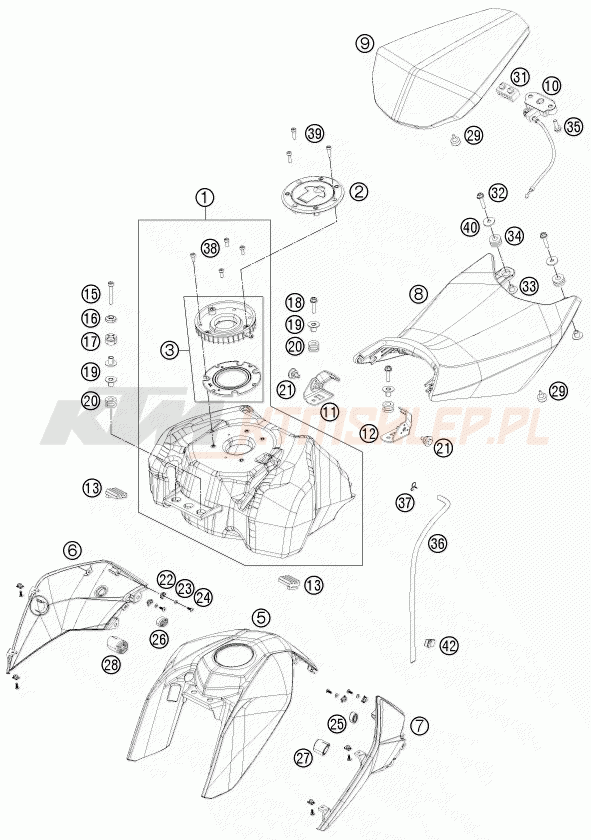 Schemat "zbiornik paliwa, siedzenie, pokrowiec" do KTM 125 DUKE