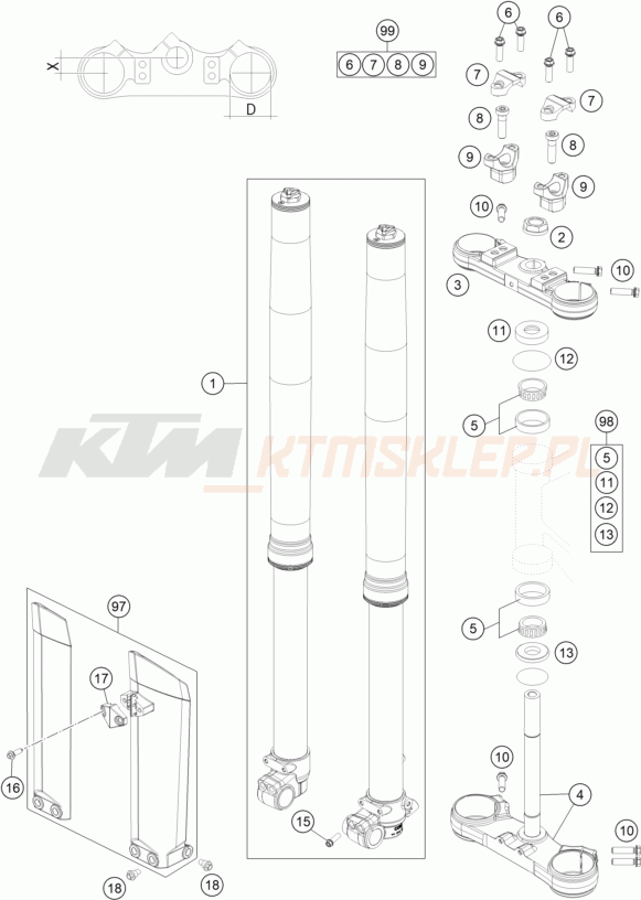 Schemat "przód amortyzatory, półki zawieszenia" do KTM 85 SX17/14