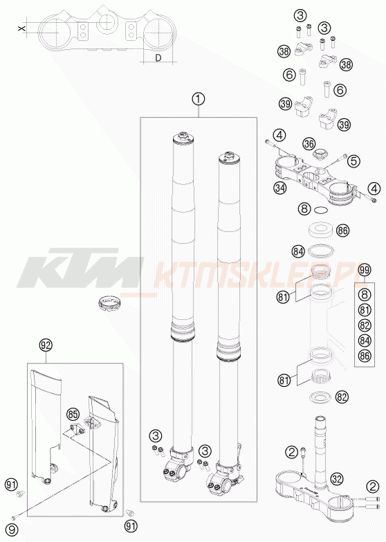 Schemat "przód amortyzatory, półki zawieszenia" do KTM 125 EXC FACTORY EDIT.