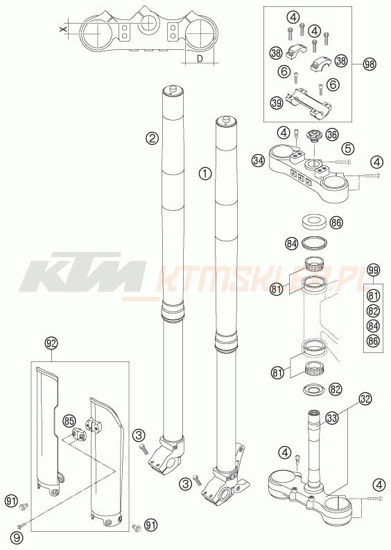 Schemat "przód amortyzatory, półki zawieszenia" do KTM 400 EXC RACING
