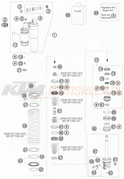 Schemat "amortyzator tył spis części" do KTM 200 EXC