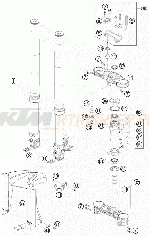 Schemat "przód amortyzatory, półki zawieszenia" do KTM 690 SUPERMOTO PRESTIGE