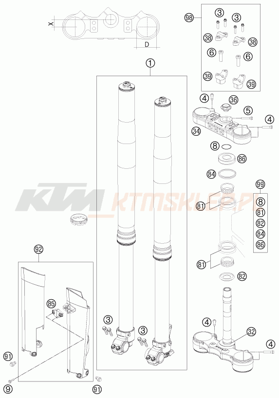 Schemat "przód amortyzatory, półki zawieszenia" do KTM 200 XC-W