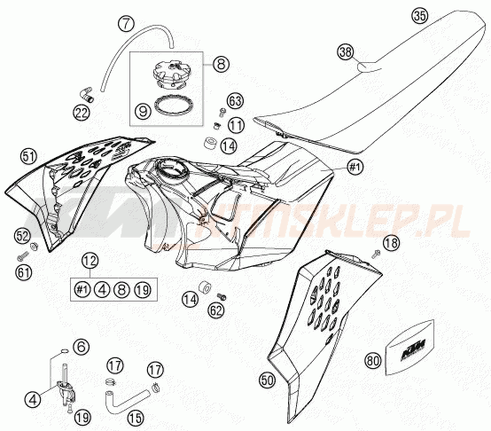 Schemat "zbiornik paliwa, siedzenie, pokrowiec" do KTM 450 SXS-F