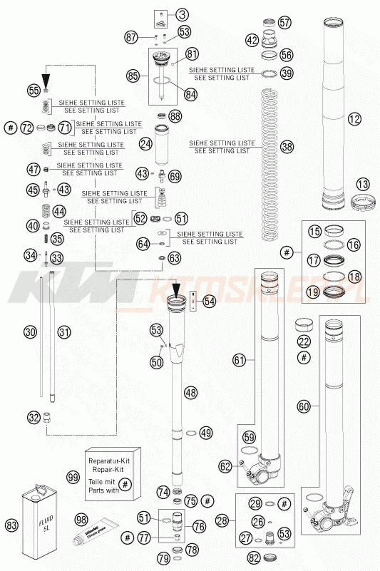 Schemat "przód amortyzatory spis części" do KTM 125 SX
