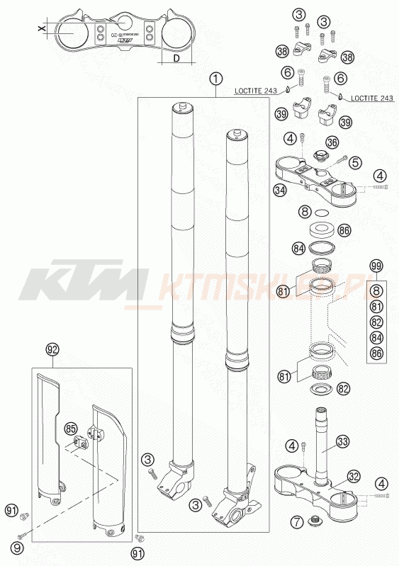 Schemat "przód amortyzatory, półki zawieszenia" do KTM 125 SX