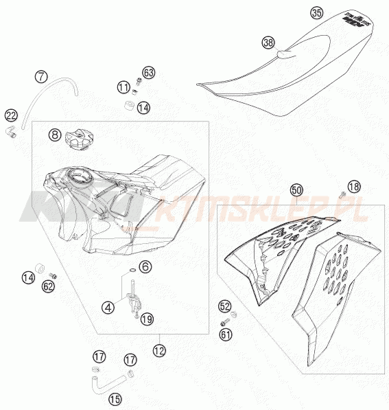 Schemat "zbiornik paliwa, siedzenie, pokrowiec" do KTM 450 SX-F