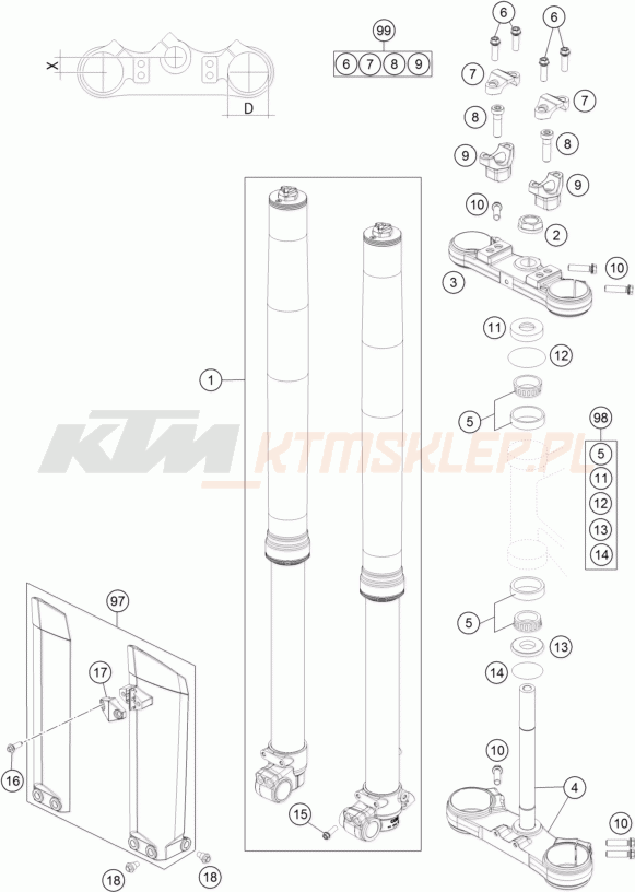 Schemat "przód amortyzatory, półki zawieszenia" do KTM 85 SX 19/16