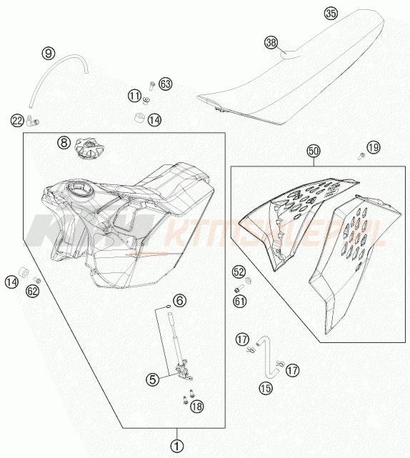 Schemat "zbiornik paliwa, siedzenie, pokrowiec" do KTM 250 EXC