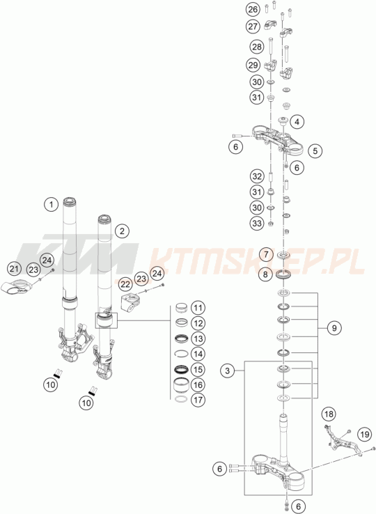 Schemat "przód amortyzatory, półki zawieszenia" do KTM 250 DUKE, orange