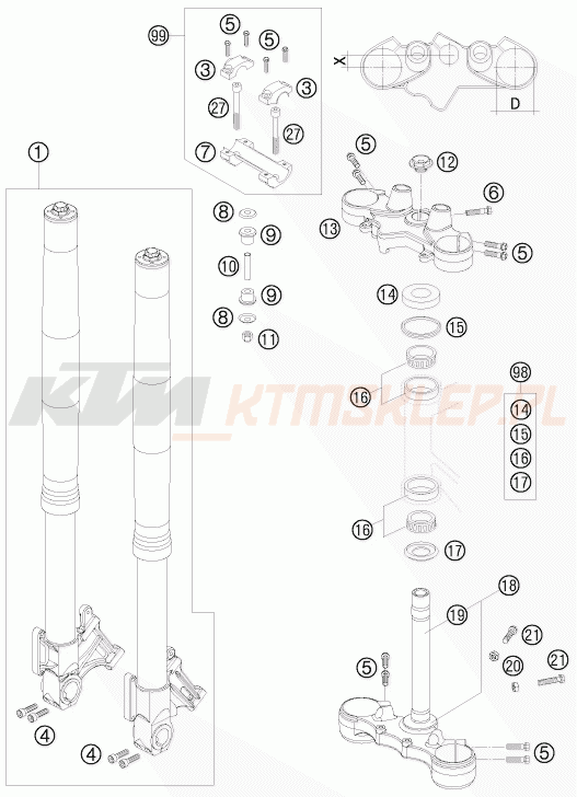 Schemat "przód amortyzatory, półki zawieszenia" do KTM 990 SUPERMOTO