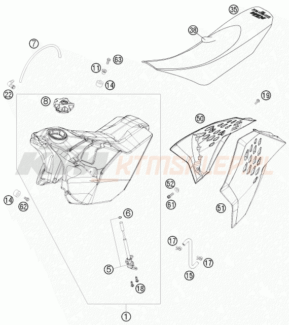 Schemat "zbiornik paliwa, siedzenie, pokrowiec" do KTM 250 EXC-F SIX DAYS