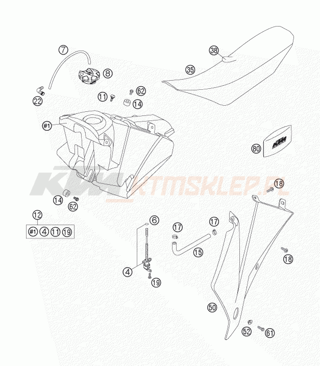 Schemat "zbiornik paliwa, siedzenie, pokrowiec" do KTM 250 EXC-F