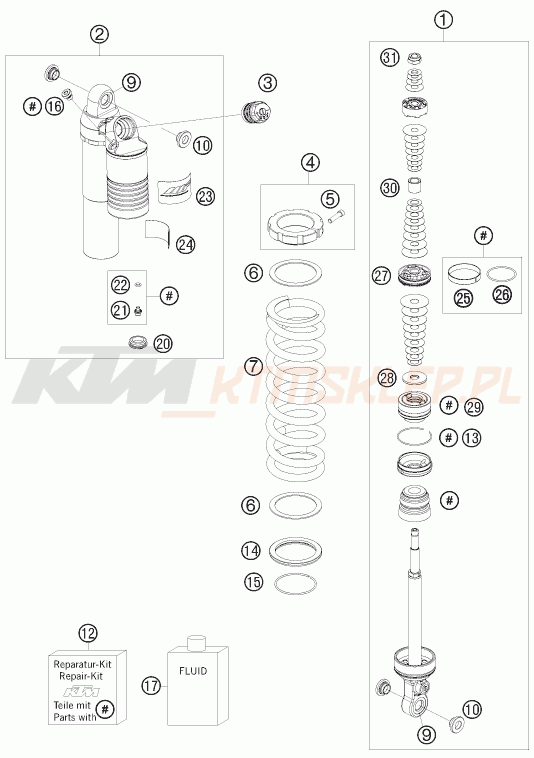 Schemat "amortyzator tył spis części" do KTM 450 XC ATV