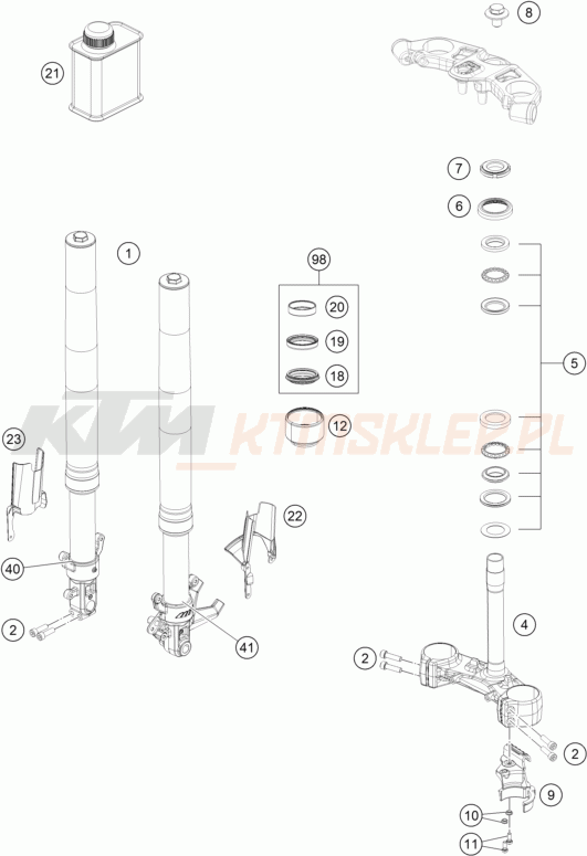 Schemat "przód amortyzatory, półki zawieszenia" do KTM RC0, W/O ABS