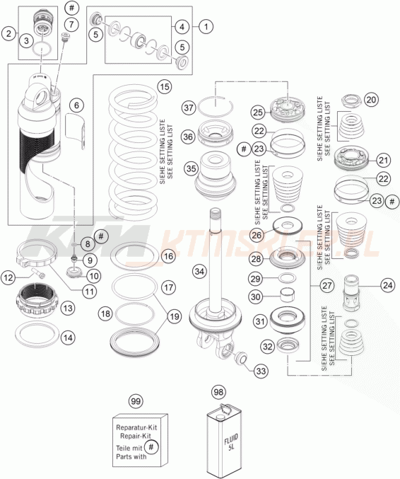 Schemat "amortyzator tył spis części" do KTM 125 EXC