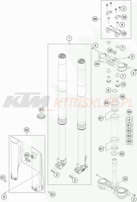 Schemat "przód amortyzatory, półki zawieszenia" do KTM 125 SX