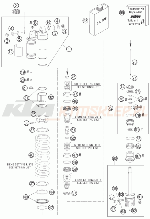 Schemat "amortyzator tył spis części" do KTM 525 EXC