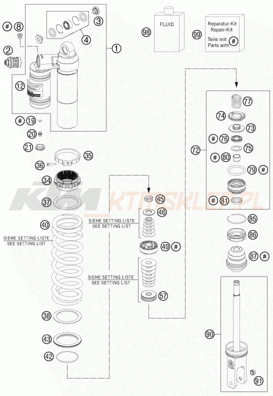 Schemat "amortyzator tył spis części" do KTM 250 XC-F