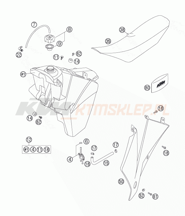 Schemat "zbiornik paliwa, siedzenie, pokrowiec" do KTM 125 SX