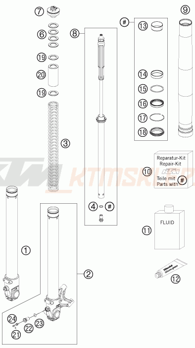 Schemat "przód amortyzatory spis części" do KTM 690 DUKE R