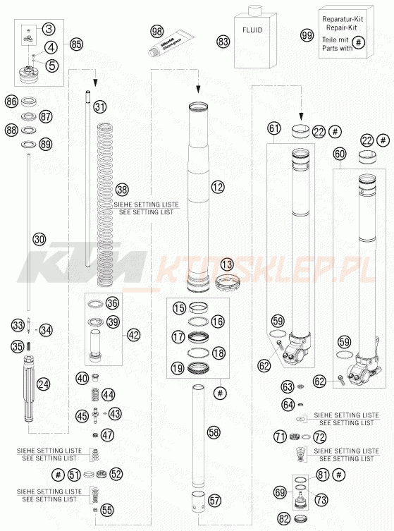 Schemat "przód amortyzatory spis części" do KTM 200 EXC