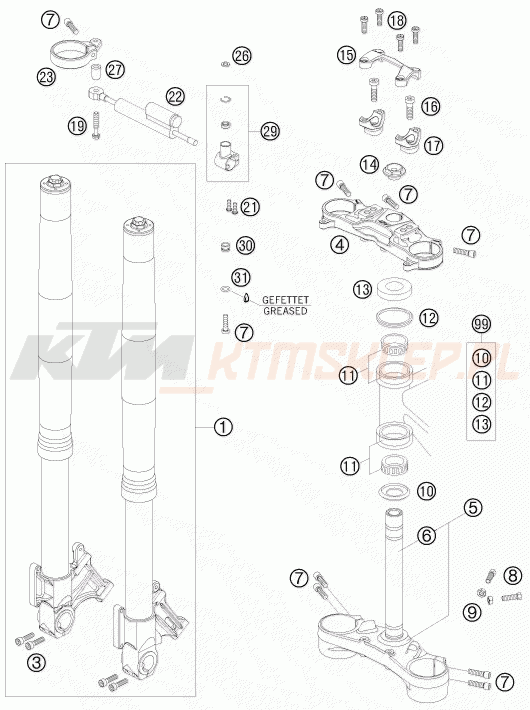 Schemat "przód amortyzatory, półki zawieszenia" do KTM 990 SUPER DUKE R