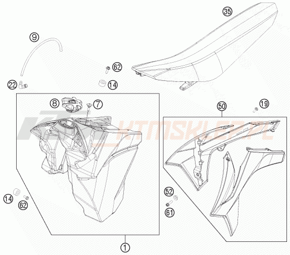Schemat "zbiornik paliwa, siedzenie, pokrowiec" do KTM 350 EXC-F SIX DAYS