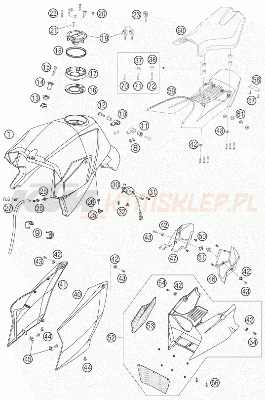 Schemat "zbiornik paliwa, siedzenie, pokrowiec" do KTM 990 SUPER DUKE R