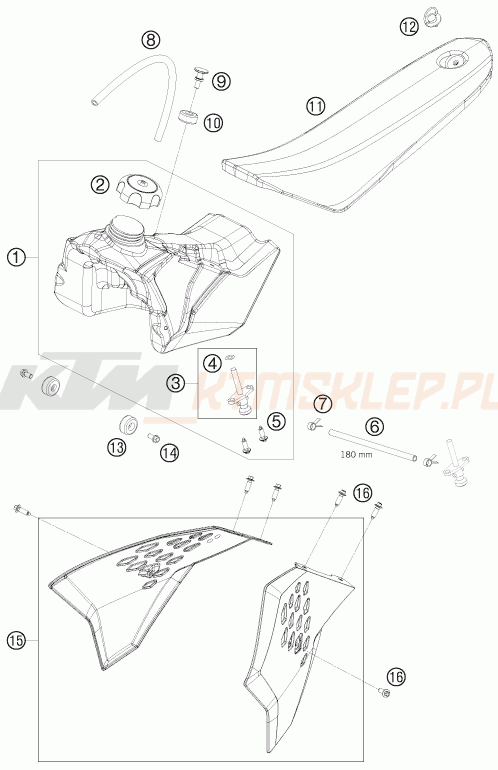 Schemat "zbiornik paliwa, siedzenie, pokrowiec" do KTM 50 SX