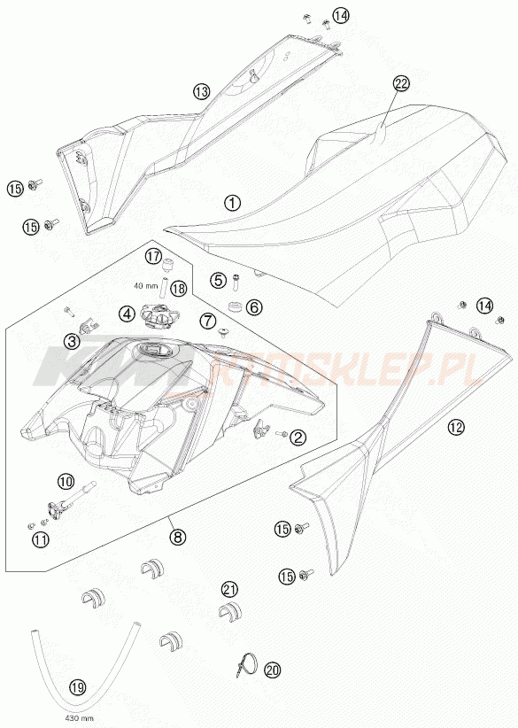 Schemat "zbiornik paliwa, siedzenie, pokrowiec" do KTM 525 XC ATV