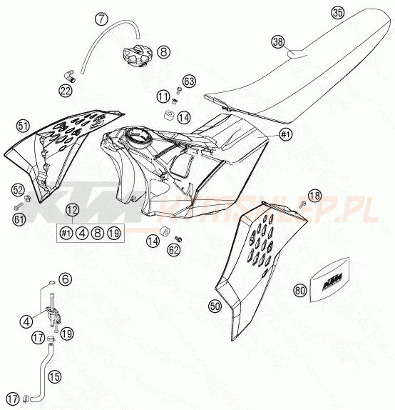 Schemat "zbiornik paliwa, siedzenie, pokrowiec" do KTM 250 SX
