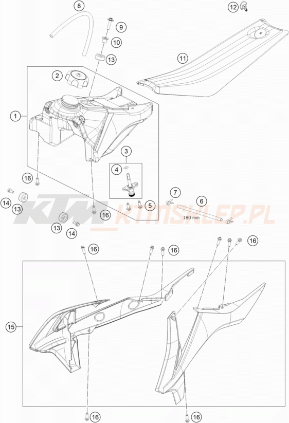 Schemat "zbiornik paliwa, siedzenie, pokrowiec" do KTM 50 SX