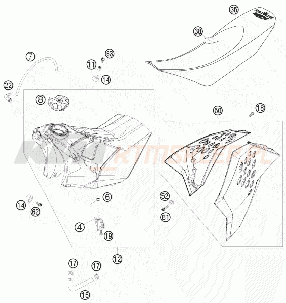 Schemat "zbiornik paliwa, siedzenie, pokrowiec" do KTM 250 SXS-F