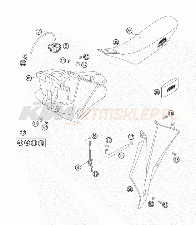 Schemat "zbiornik paliwa, siedzenie, pokrowiec" do KTM 250 EXC-F SIX DAYS
