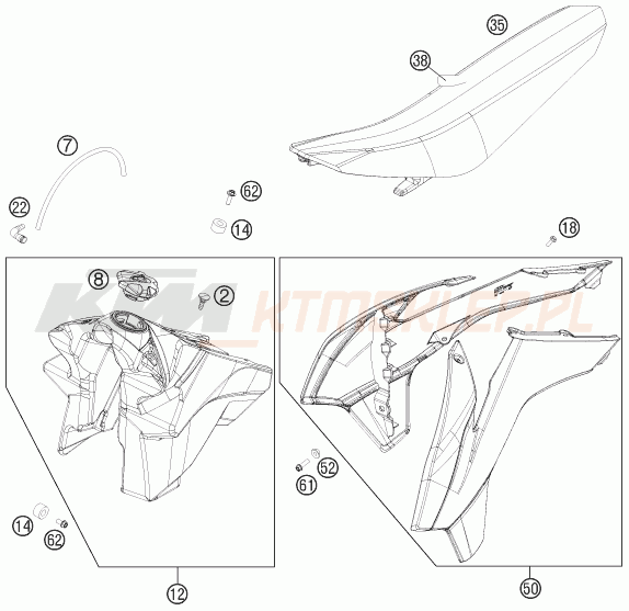 Schemat "zbiornik paliwa, siedzenie, pokrowiec" do KTM 350 SX-F