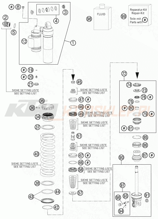 Schemat "amortyzator tył spis części" do KTM 125 SX