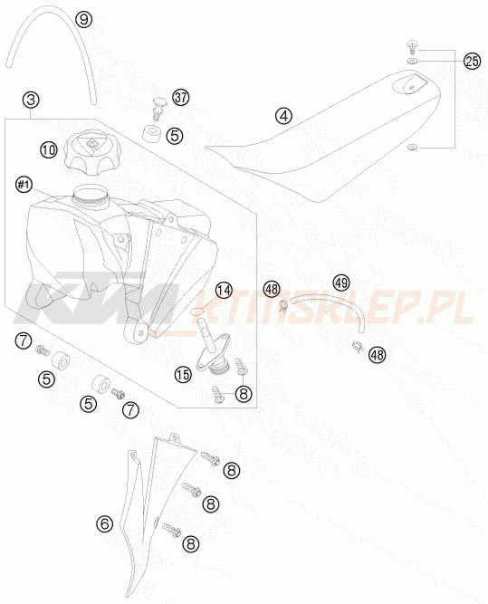 Schemat "zbiornik paliwa, siedzenie, pokrowiec" do KTM 65 SX