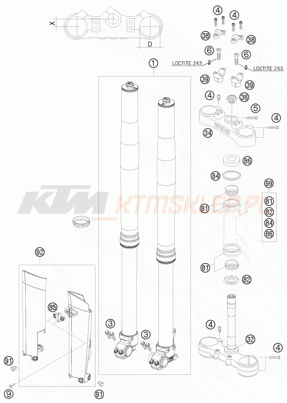 Schemat "przód amortyzatory, półki zawieszenia" do KTM 250 XCF-W