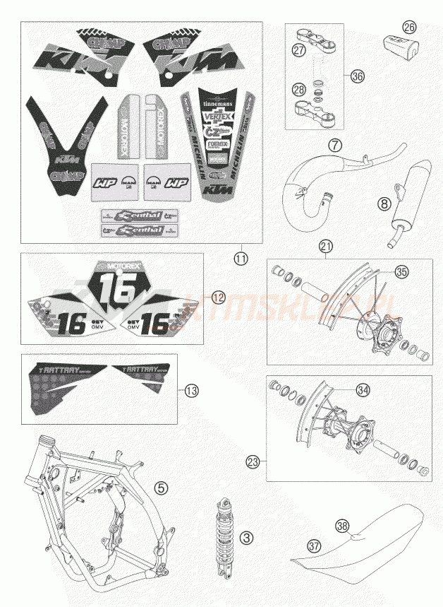 Schemat "NEW PARTS" do KTM 125 SX TYLA RATTRAY