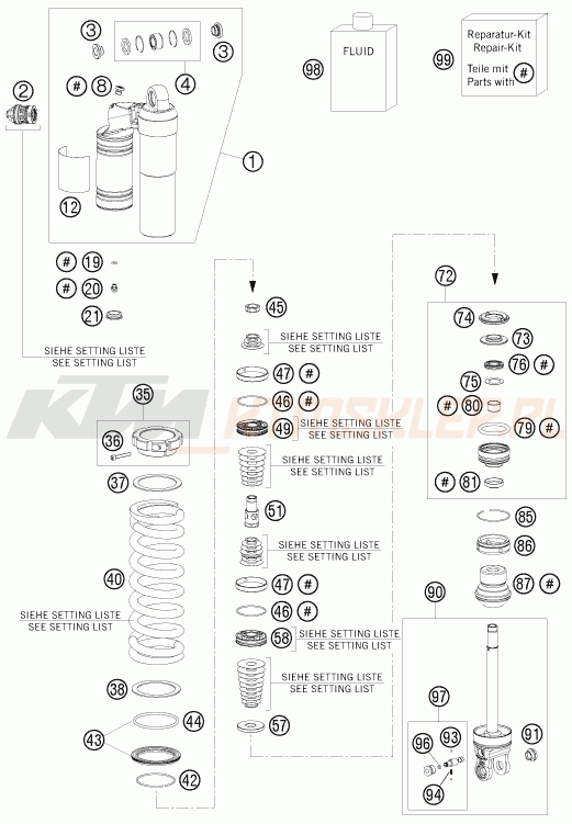 Schemat "amortyzator tył spis części" do KTM 250 EXC FACTORY EDIT.