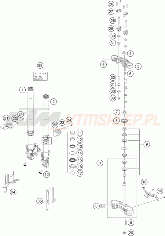 Schemat "przód amortyzatory, półki zawieszenia" do KTM 390 DUKE