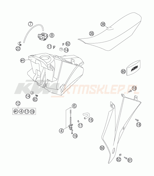 Schemat "zbiornik paliwa, siedzenie, pokrowiec" do KTM 250 EXC-F