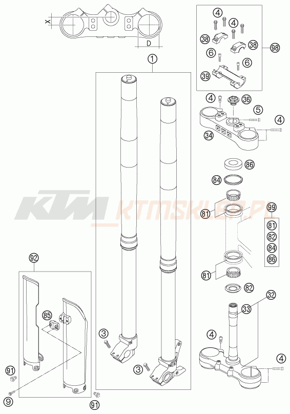 Schemat "przód amortyzatory, półki zawieszenia" do KTM 250 EXC-F