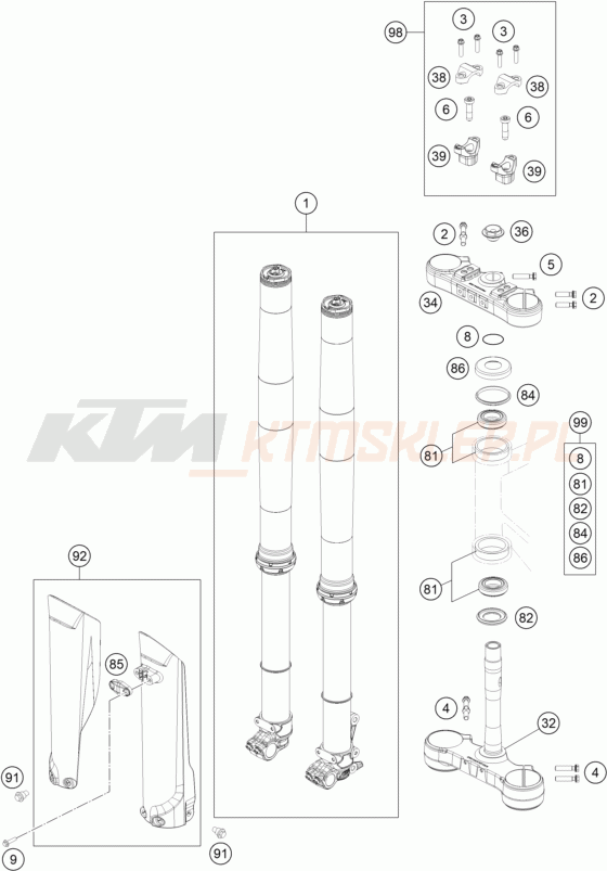 Schemat "przód amortyzatory, półki zawieszenia" do KTM 250 EXC SIX DAYS TPI