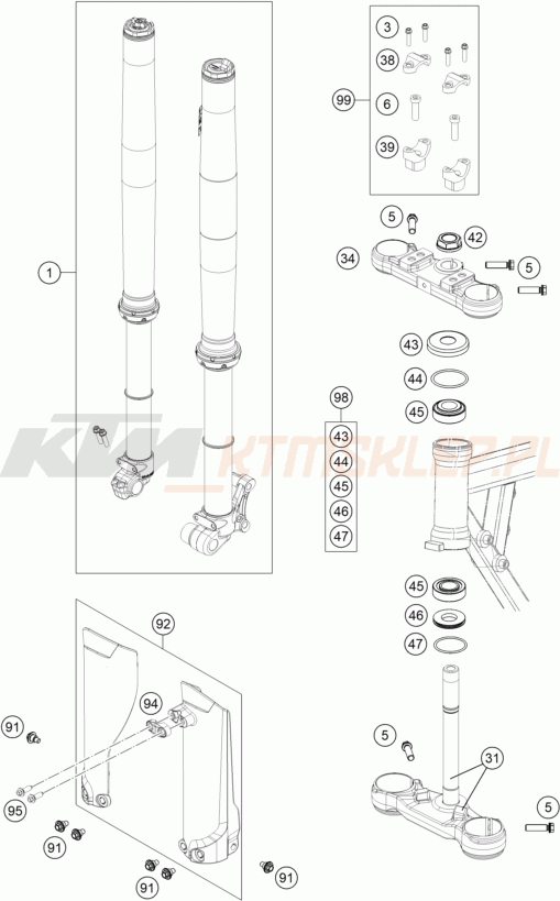 Schemat "przód amortyzatory, półki zawieszenia" do KTM 50 SX FACTORY EDITION