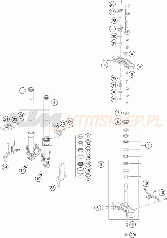 Schemat "przód amortyzatory, półki zawieszenia" do KTM 250 DUKE