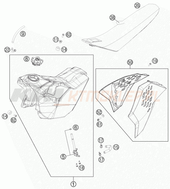 Schemat "zbiornik paliwa, siedzenie, pokrowiec" do KTM 250 EXC-F SIX DAYS