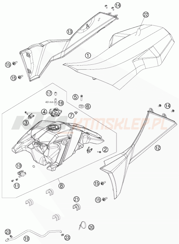 Schemat "zbiornik paliwa, siedzenie, pokrowiec" do KTM 450 SX ATV